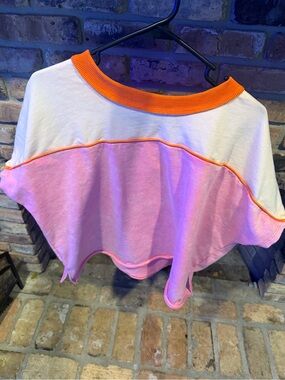 Girls' Colorblock Pink and White Crop Sweatshirt with Orange Trim